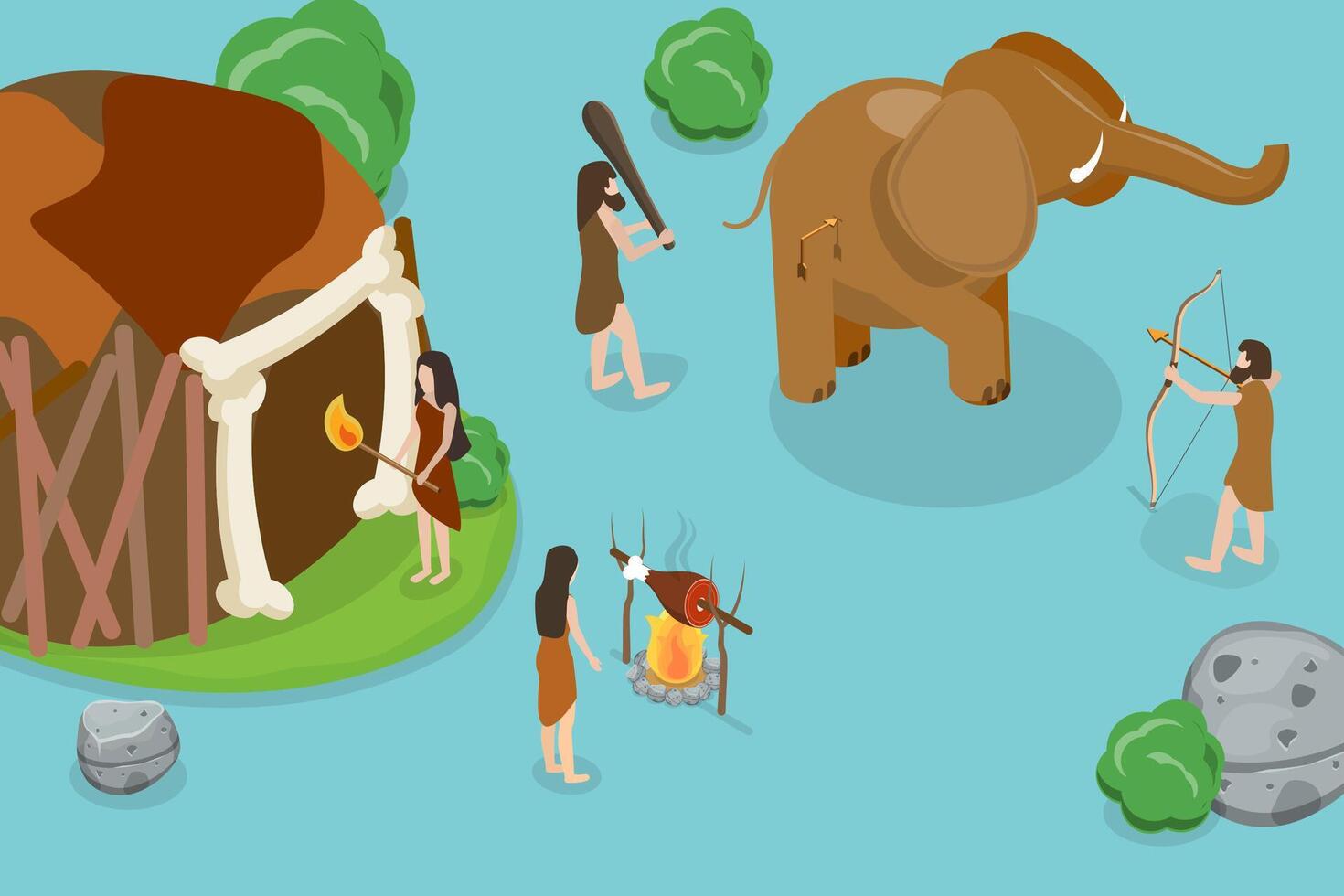 3D Isometric Flat Conceptual Illustration of Stone Age, Barbarian Ancient Caveman vector