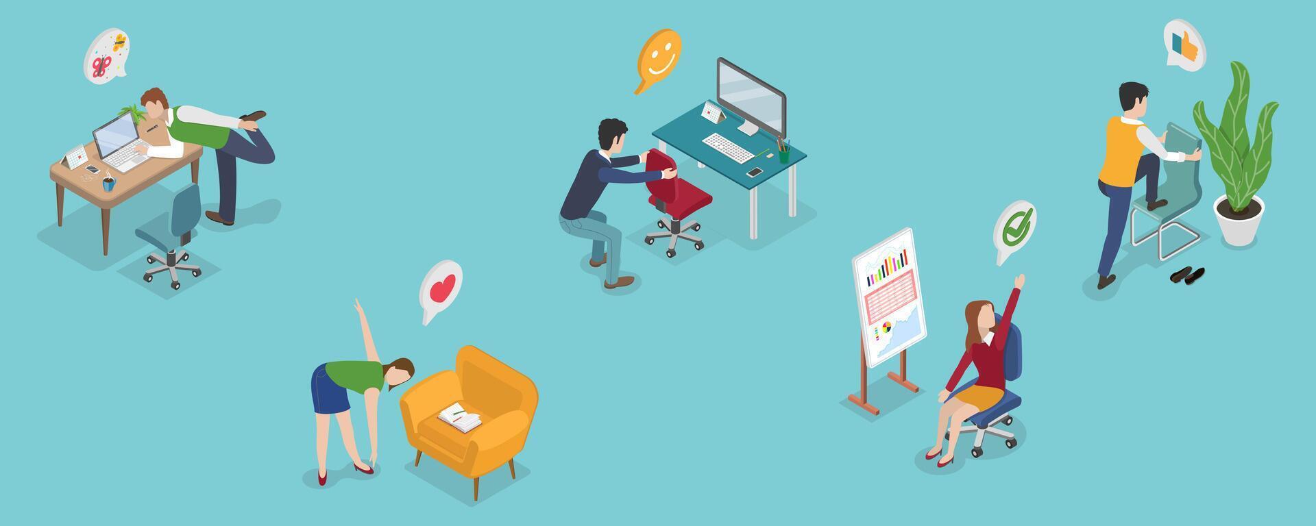 3D Isometric Flat Conceptual Illustration of Exercise At Work, Easy Office Workout vector