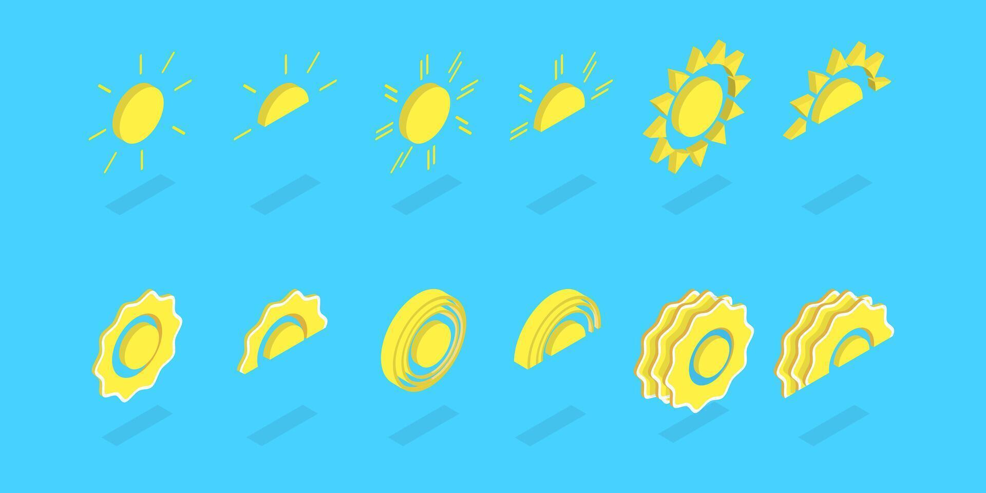 3D Isometric Flat Set of Sun Icons, Sunshine, Sunrise or Sunset vector