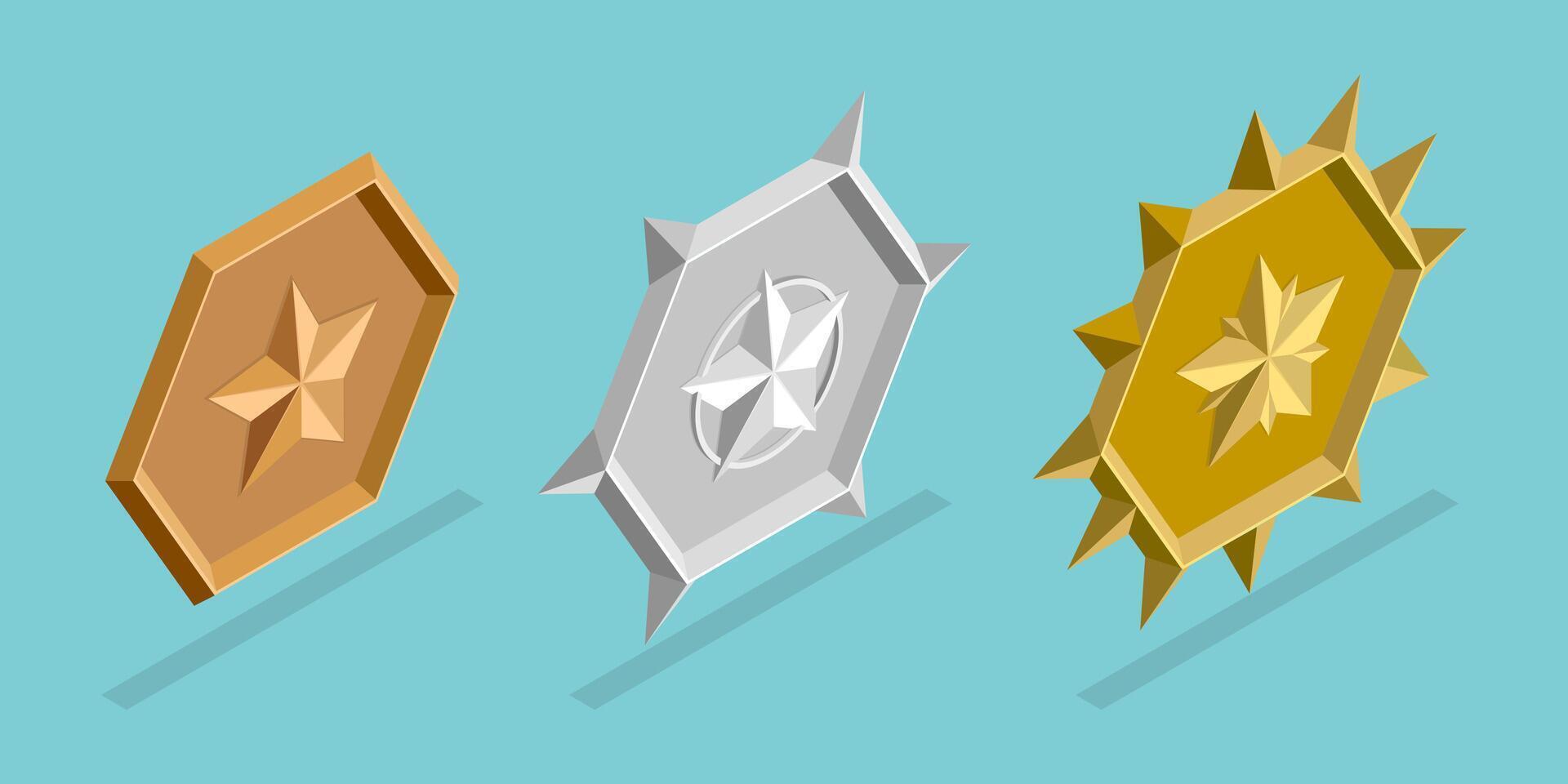 3D Isometric Flat Set of Ranking Badge, Trophy or Prize for Success vector