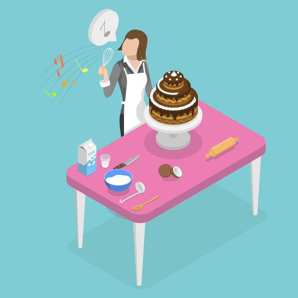 3D Isometric Flat Conceptual Illustration of Cooking with Song, Singing to Microphone vector
