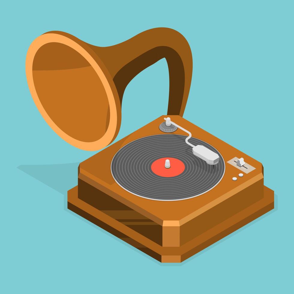 3D Isometric Flat Conceptual Illustration of Retro Music Turntable, Vinyl Player vector