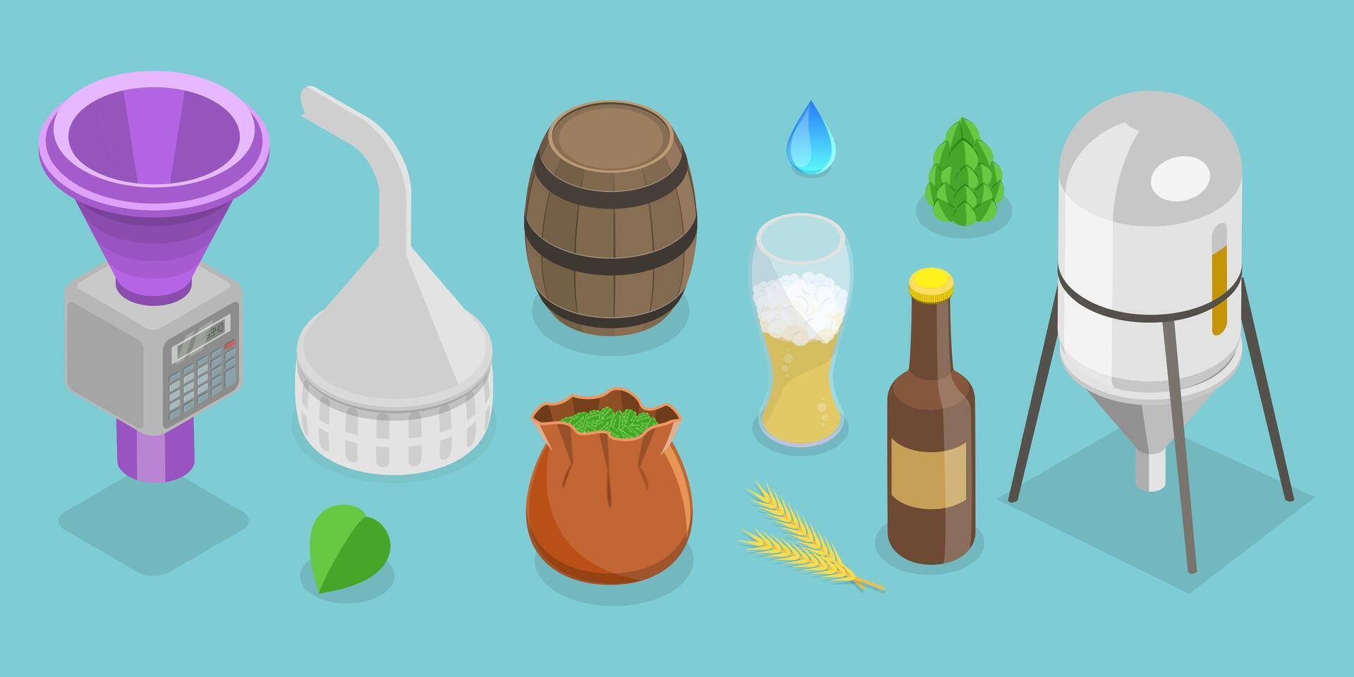 3D Isometric Flat Set of Beer Production Elements, Alcohol Industry vector