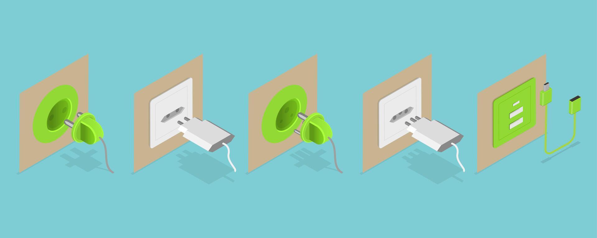 3D Isometric Flat Set of Electric Sockets And Plugs, Energy Outlet vector