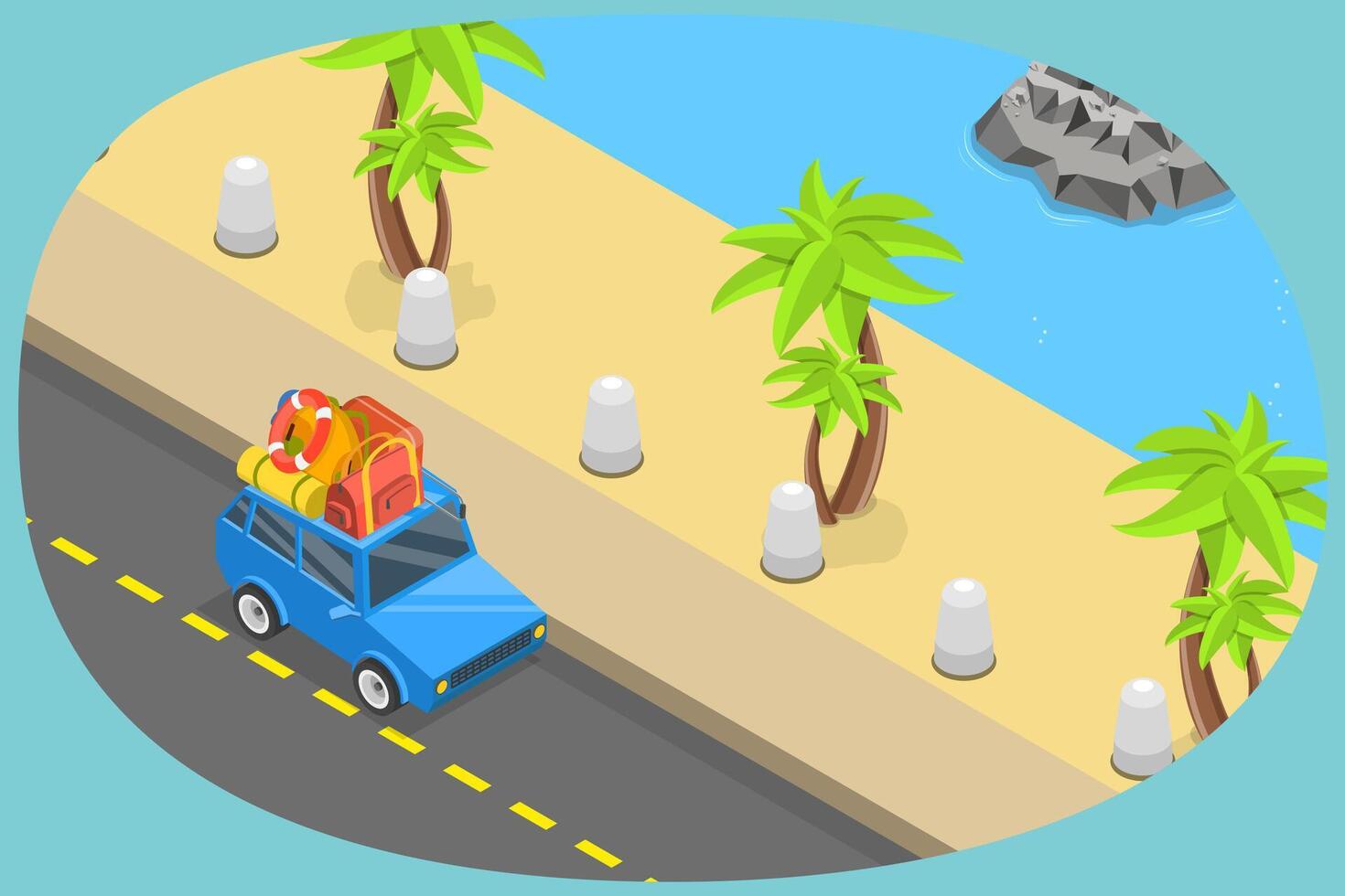 3D Isometric Flat Conceptual Illustration of Summer Journey, Driving Along a Ocean Road vector