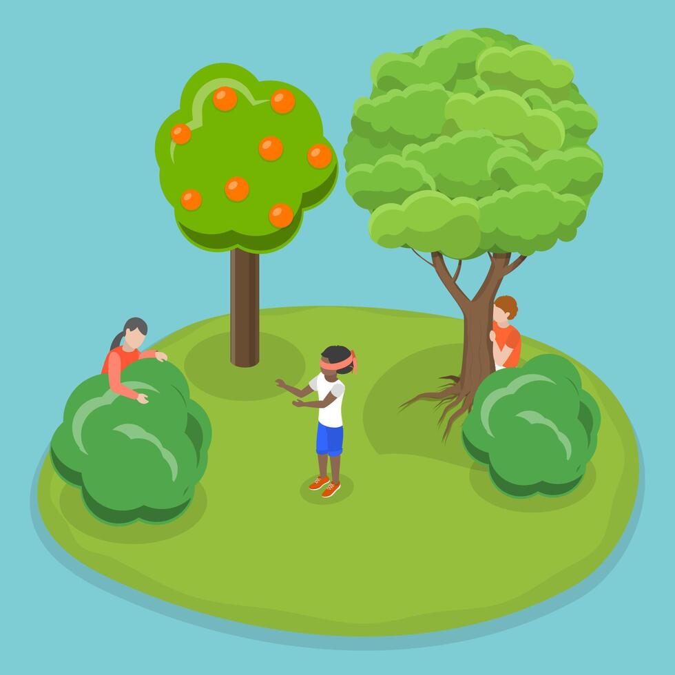 3D Isometric Flat Conceptual Illustration of Playing Hide And Seek, Kids Outdoor Activities vector