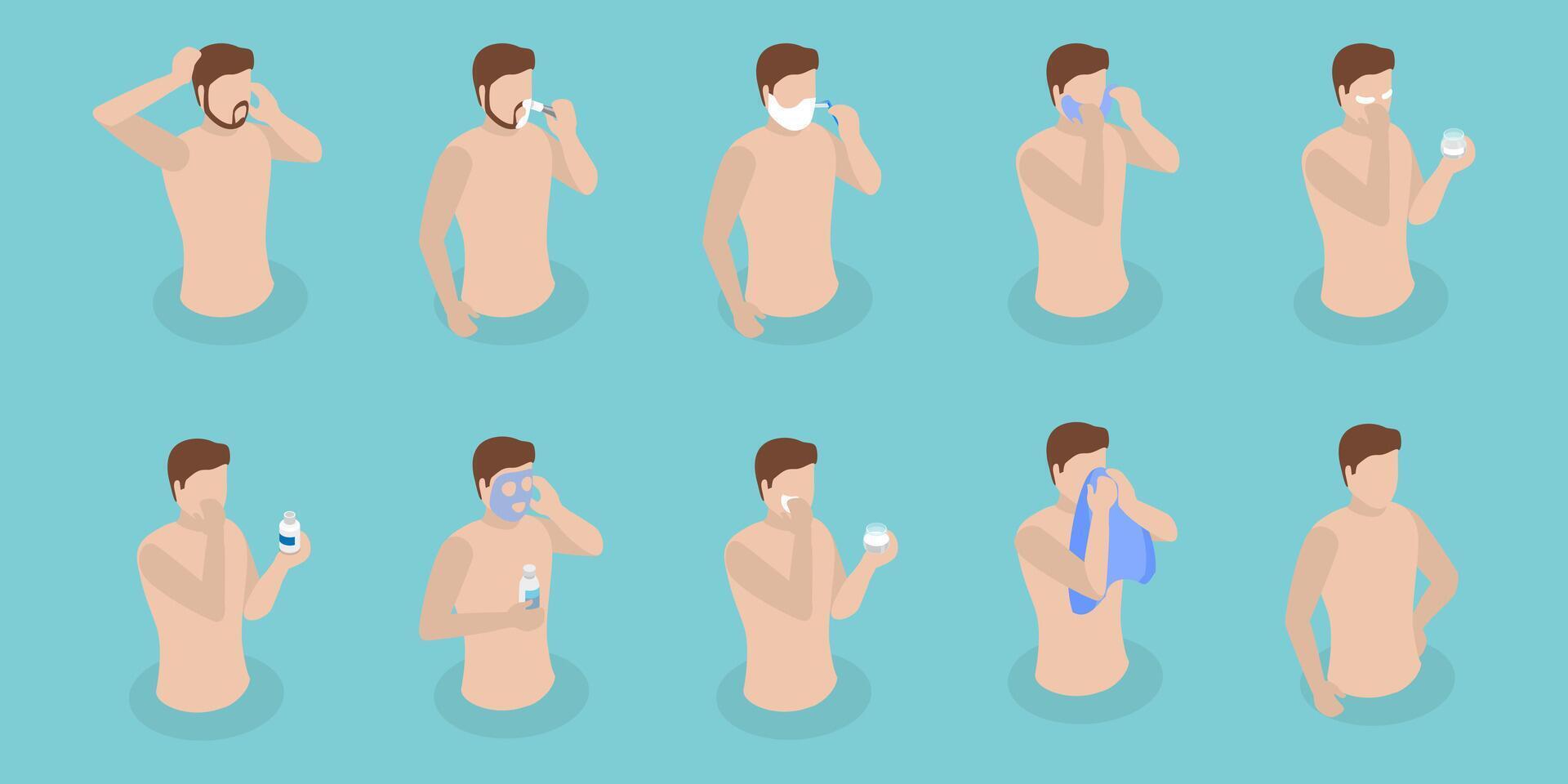 3D Isometric Flat Set of Shaving Procedure, Daily Personal Care vector