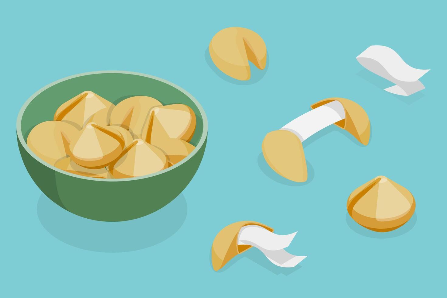 3D Isometric Flat Set of Fortune Cookies, Delicious Biscuit with Surprise vector