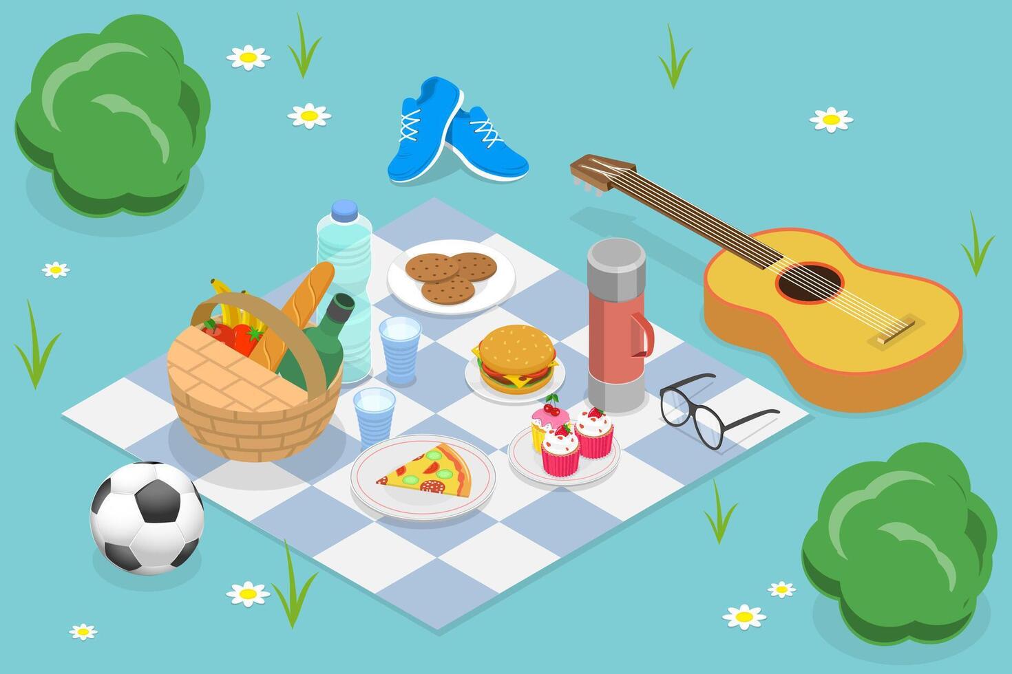 3D Isometric Flat Conceptual Illustration of Summer Picnic, Outdoor Active Rest vector
