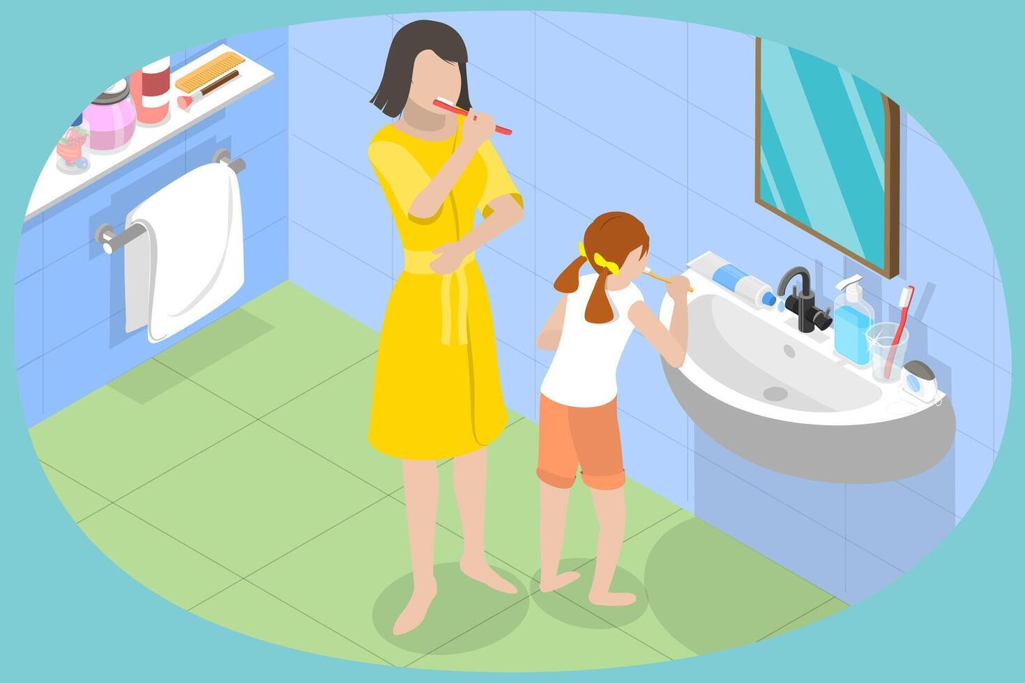 3D Isometric Flat Conceptual Illustration of Dental Care And Hygiene, Brushing Teeth Together vector