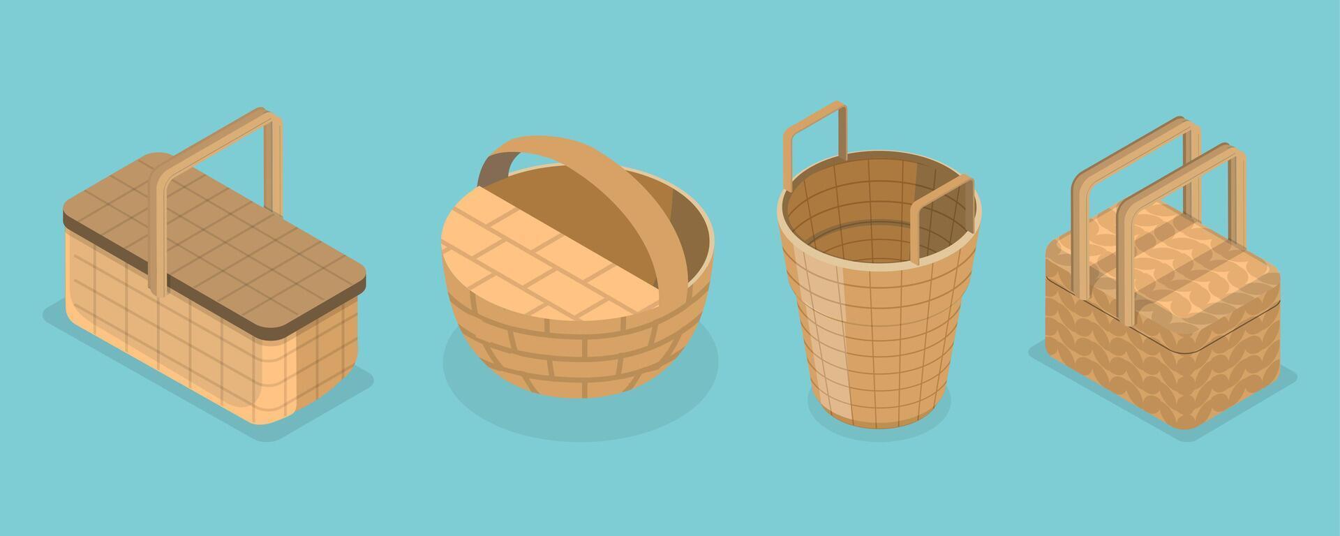 3D Isometric Flat Set of Baskets, Handmade Rattan Boxes vector