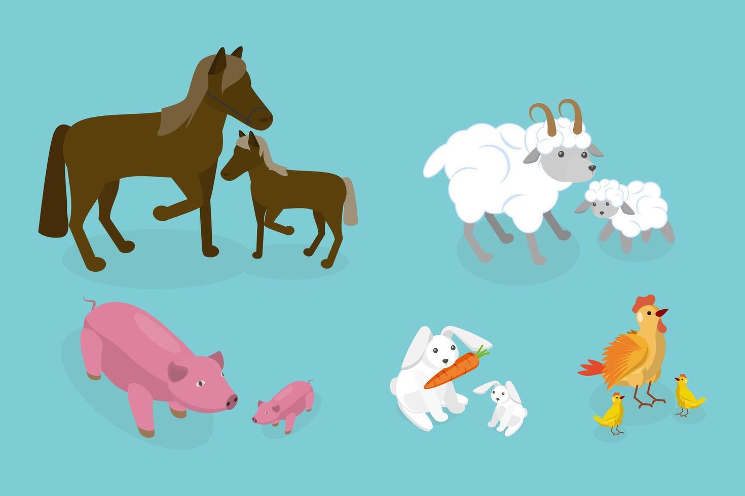 3D Isometric Flat Set of Farm Animal Families, Domestic Children and Parents vector