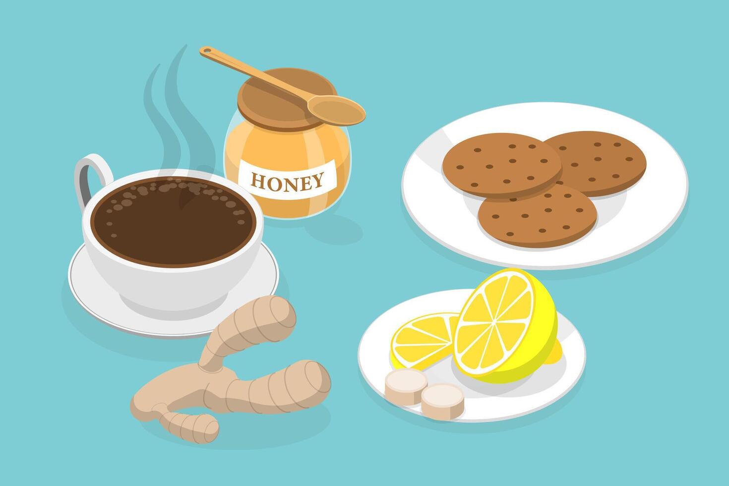 3D Isometric Flat Set of Ginger Tea Elements, Natural and Healthy Beverage vector