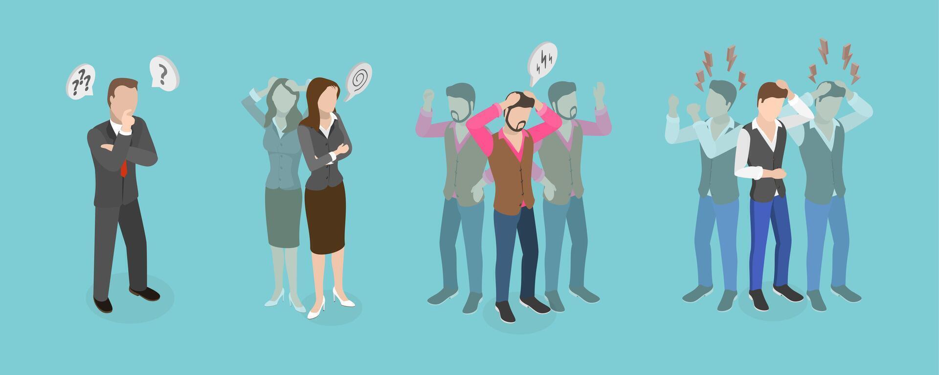 3D Isometric Flat Conceptual Illustration of Melancholy, Depressed or Frustrated People vector