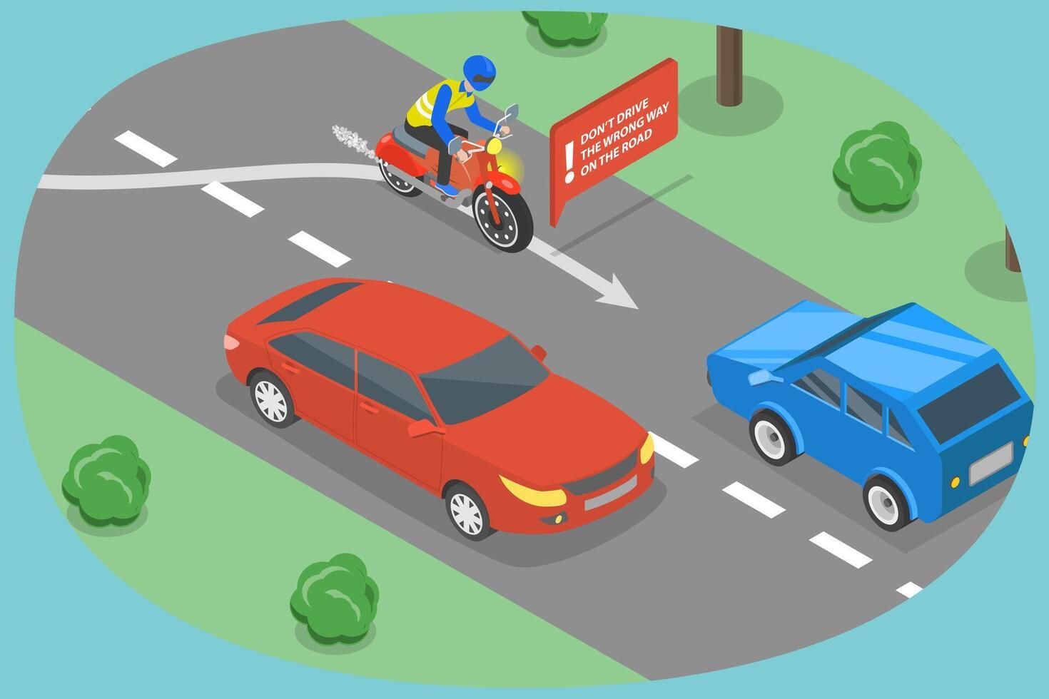 3D Isometric Flat Conceptual Illustration of Driving Safety, Do not Drive the Wrong Way on the Road vector