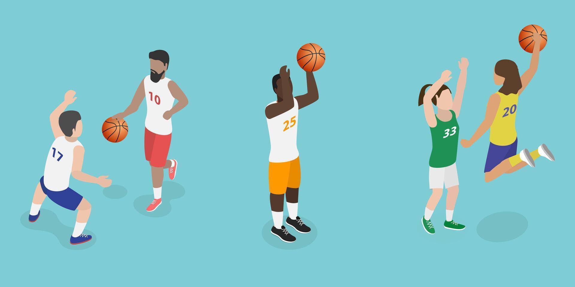 3D Isometric Flat Set of Basketball Players, Various Poses vector