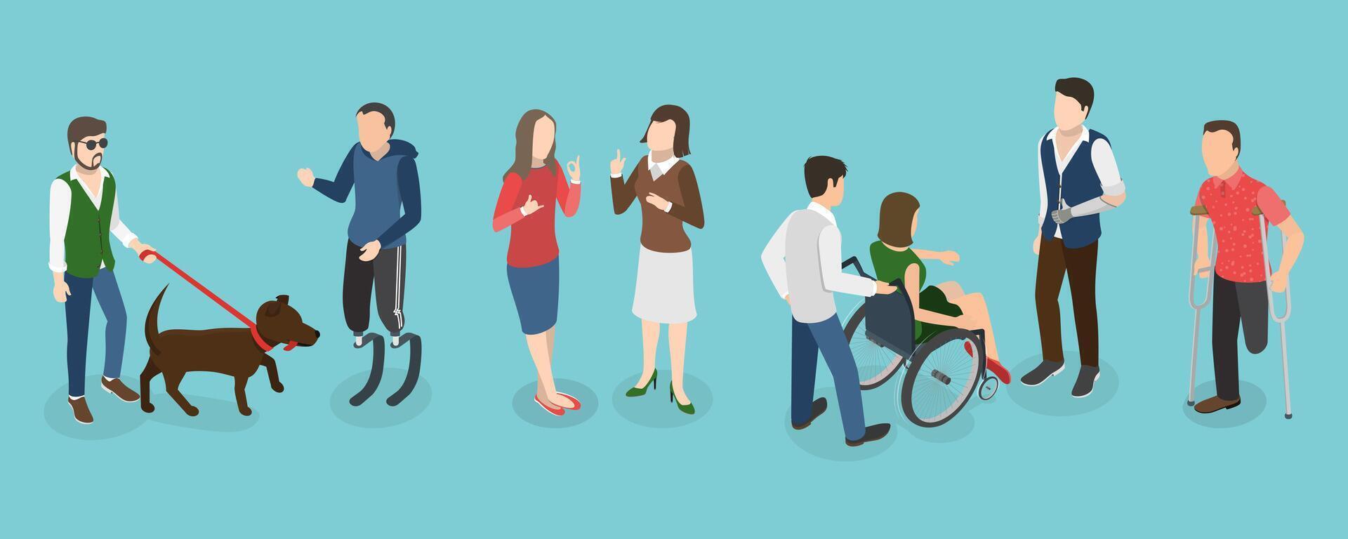 3D Isometric Flat Conceptual Illustration of People with Different Types Of Disabilities, Equality, Diversity and Inclusion vector