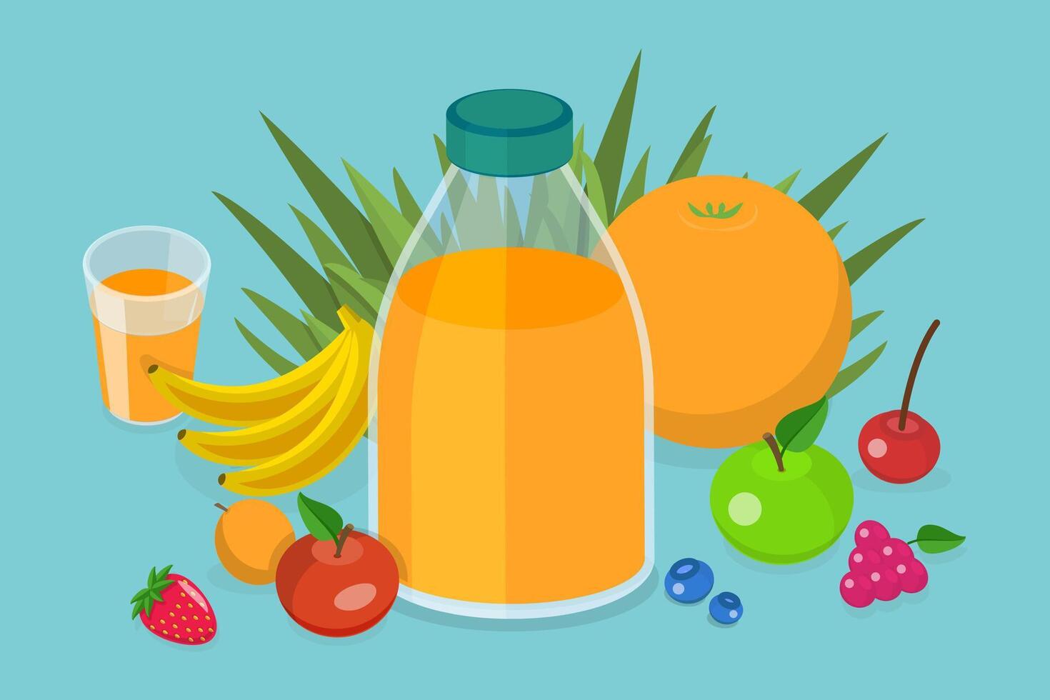 3D Isometric Flat Conceptual Illustration of Fruit Juice, Natural Berry Blend. vector