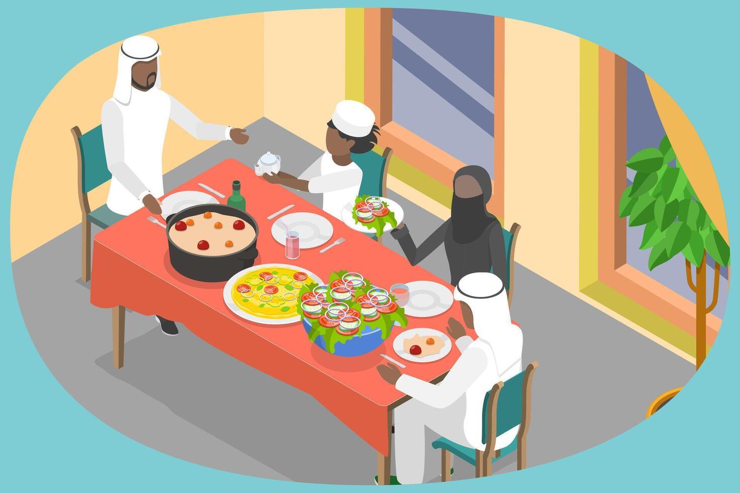 3D Isometric Flat Conceptual Illustration of Traditional Arabic Family, Muslim Eamadan Dinner vector