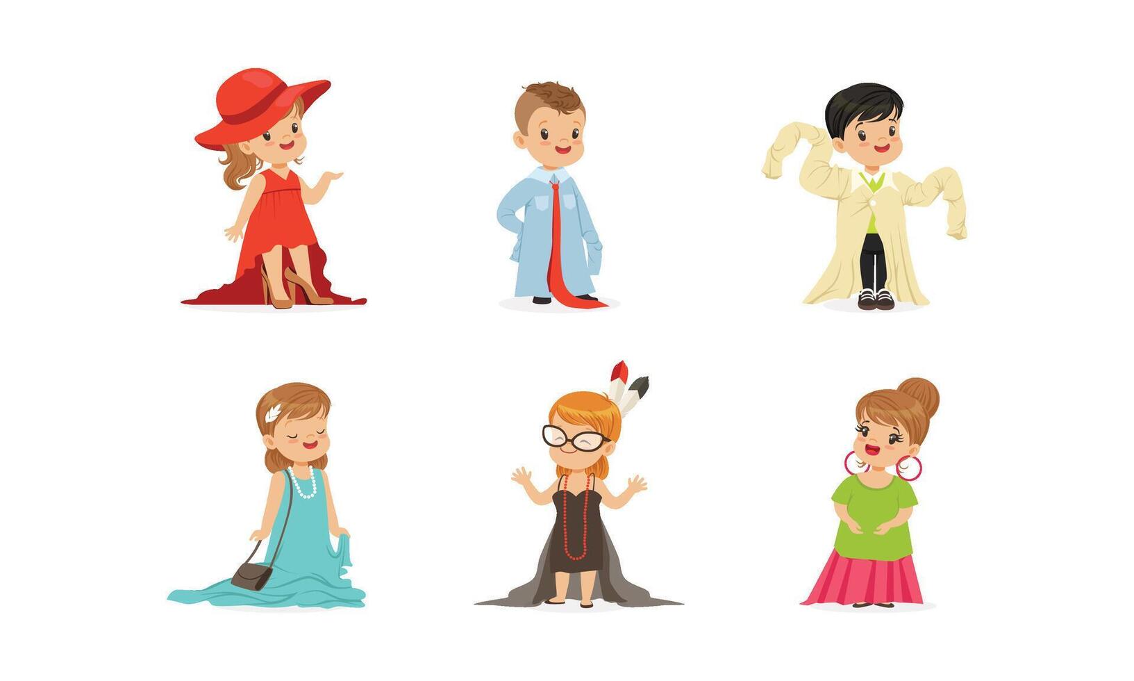 Cute Little Kids Wearing Elegant Adult Oversized Clothes Illustrations Set vector