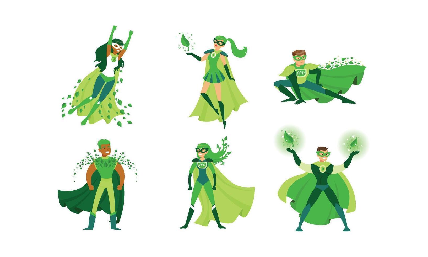 Eco Superheroes Wearing Green Costumes Illustrations Set vector