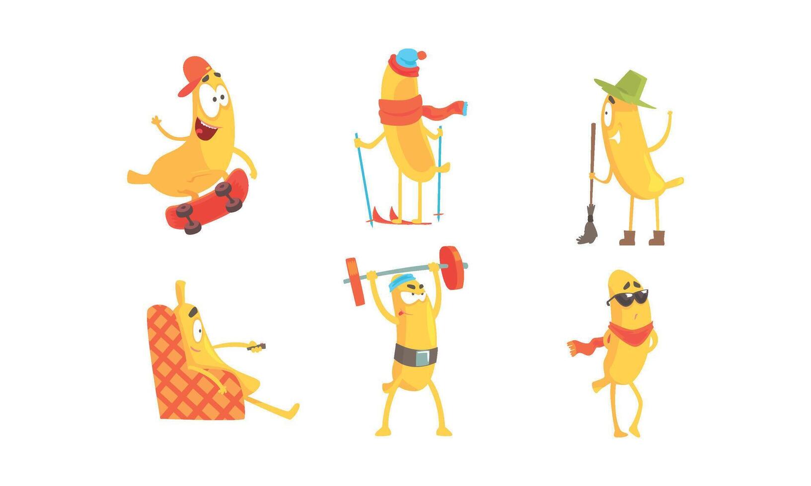 Cartoon Banana Character Doing Various Activities Set vector