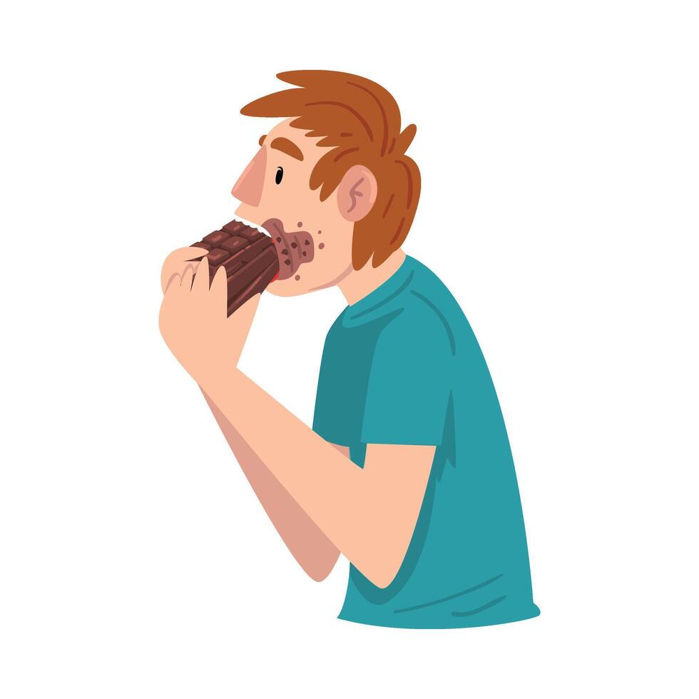 Guy Eating Chocolate with Face Dirty with Melt Chocolate, Sweet Tooth Man Greedily Devouring Sweets Cartoon Illustration vector