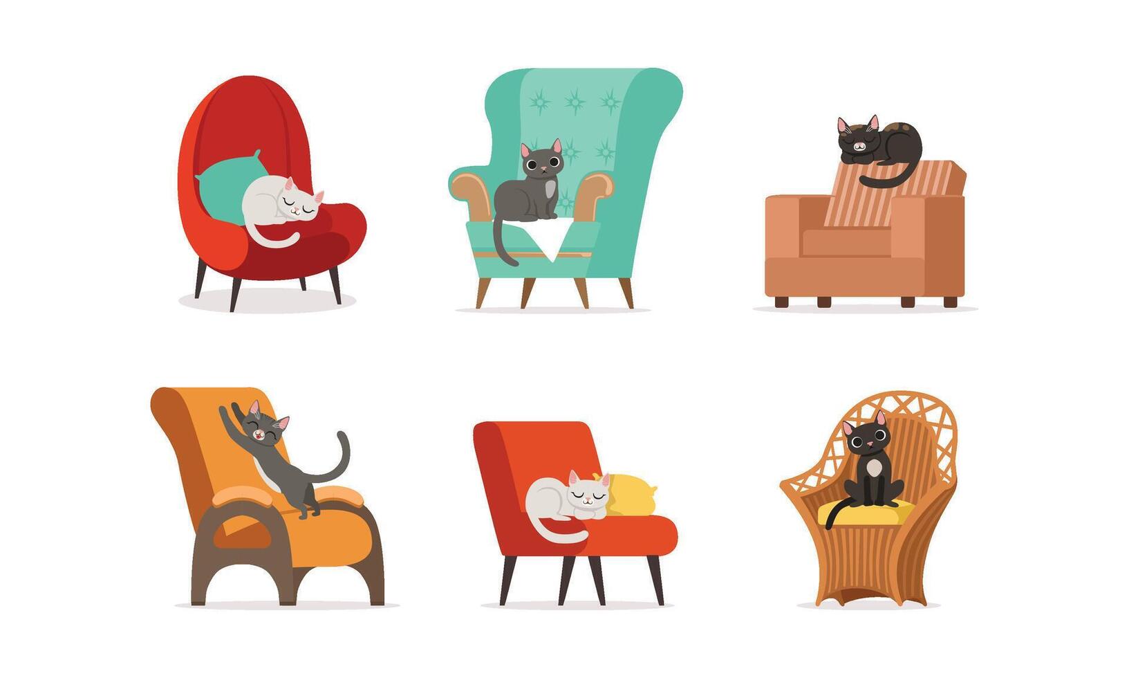 Domestic Cats Resting on Soft Armchairs Set vector
