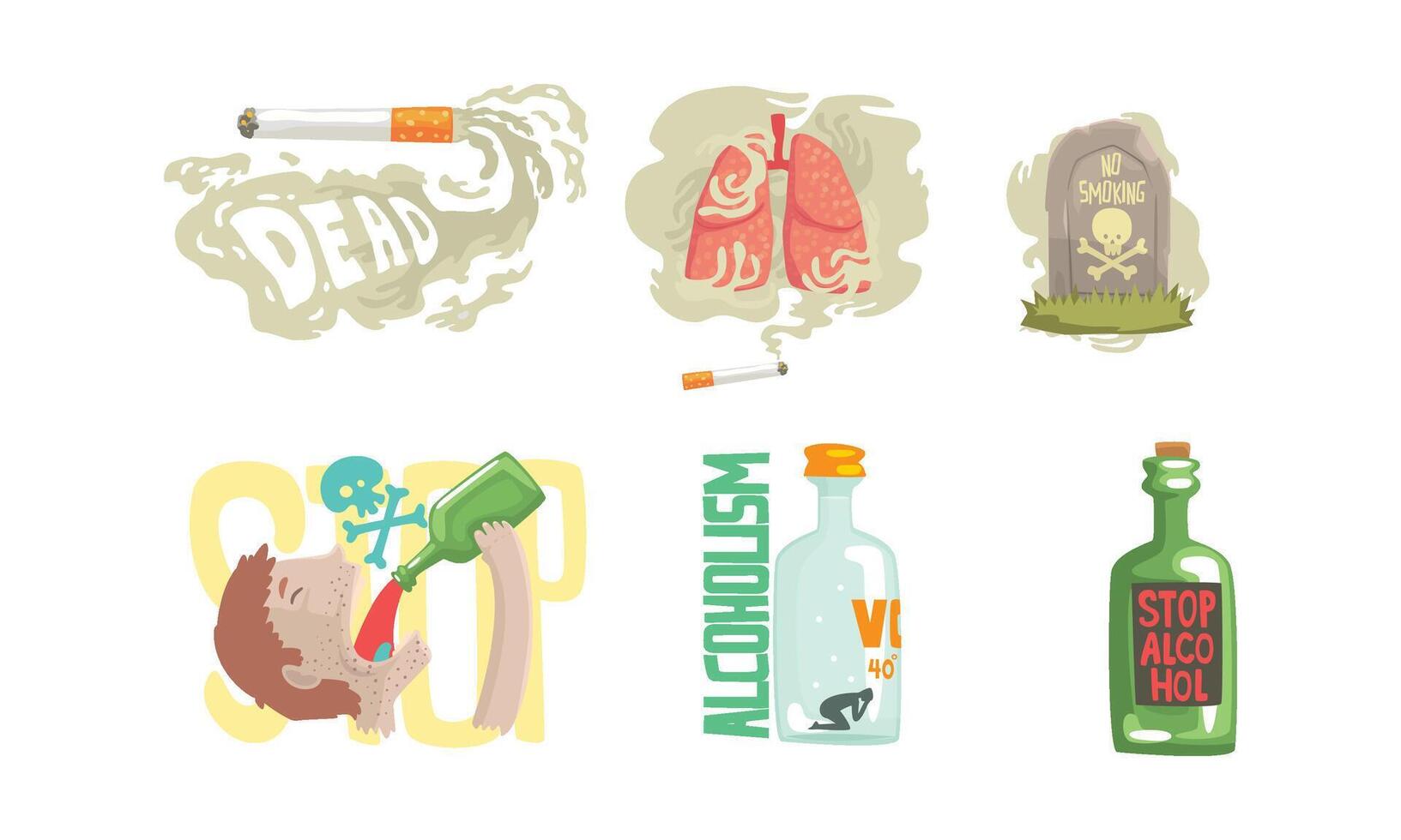 Dangers of Smoking Cigarette and Drinking Alcohol Illustrated Set vector
