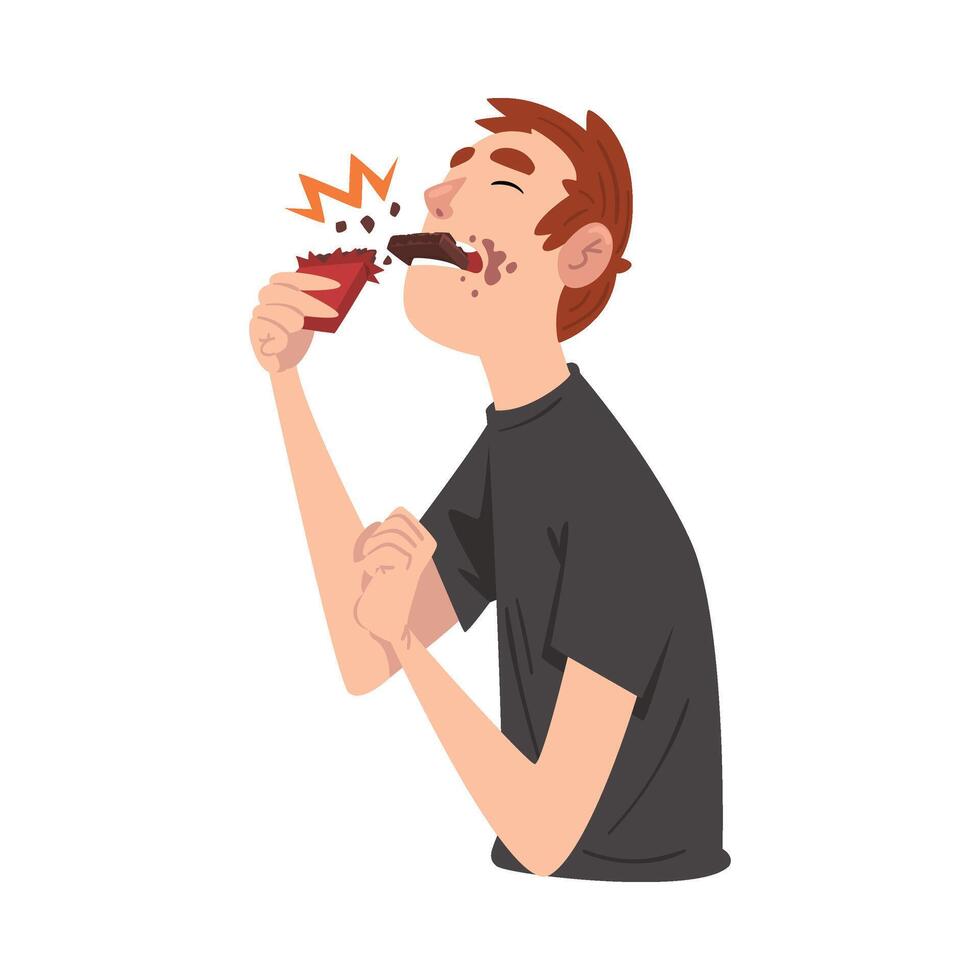 Guy Eating Chocolate, Funny Man Cartoon Character Enjoying Eating Sweets Illustration vector