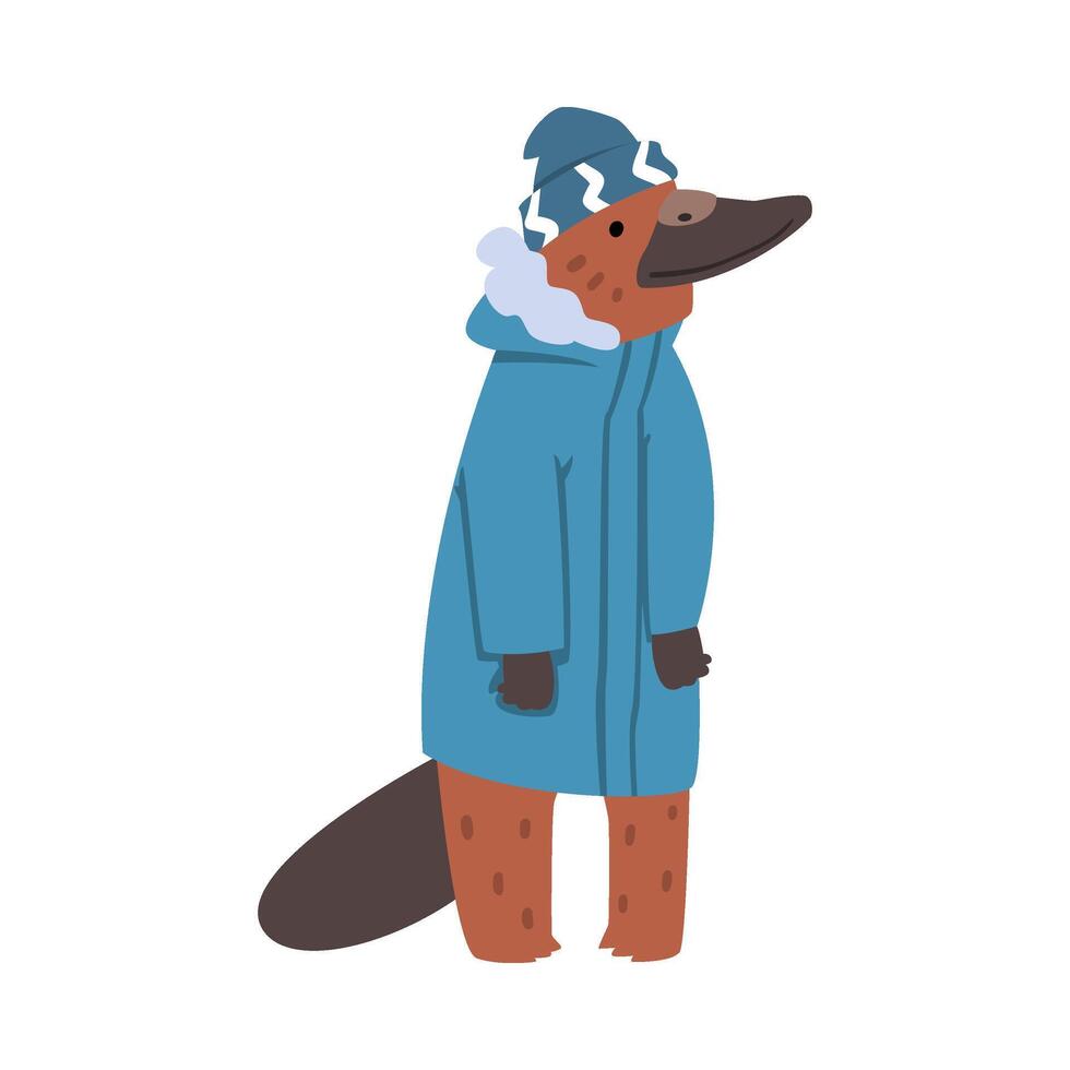 Platypus Wearing Warm Jacket and Hat, Humanized Forest Animal Character in Winter Clothes Cartoon illustration vector