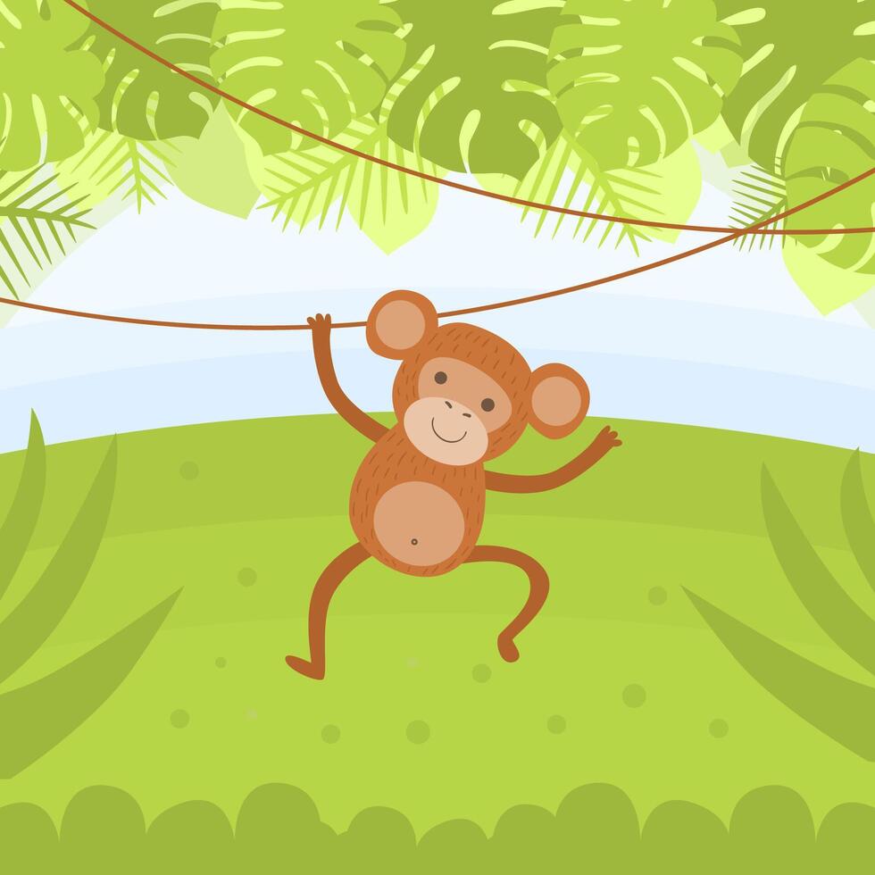 Cute Monkey Hanging on a Vine in Tropical Forest illustration vector