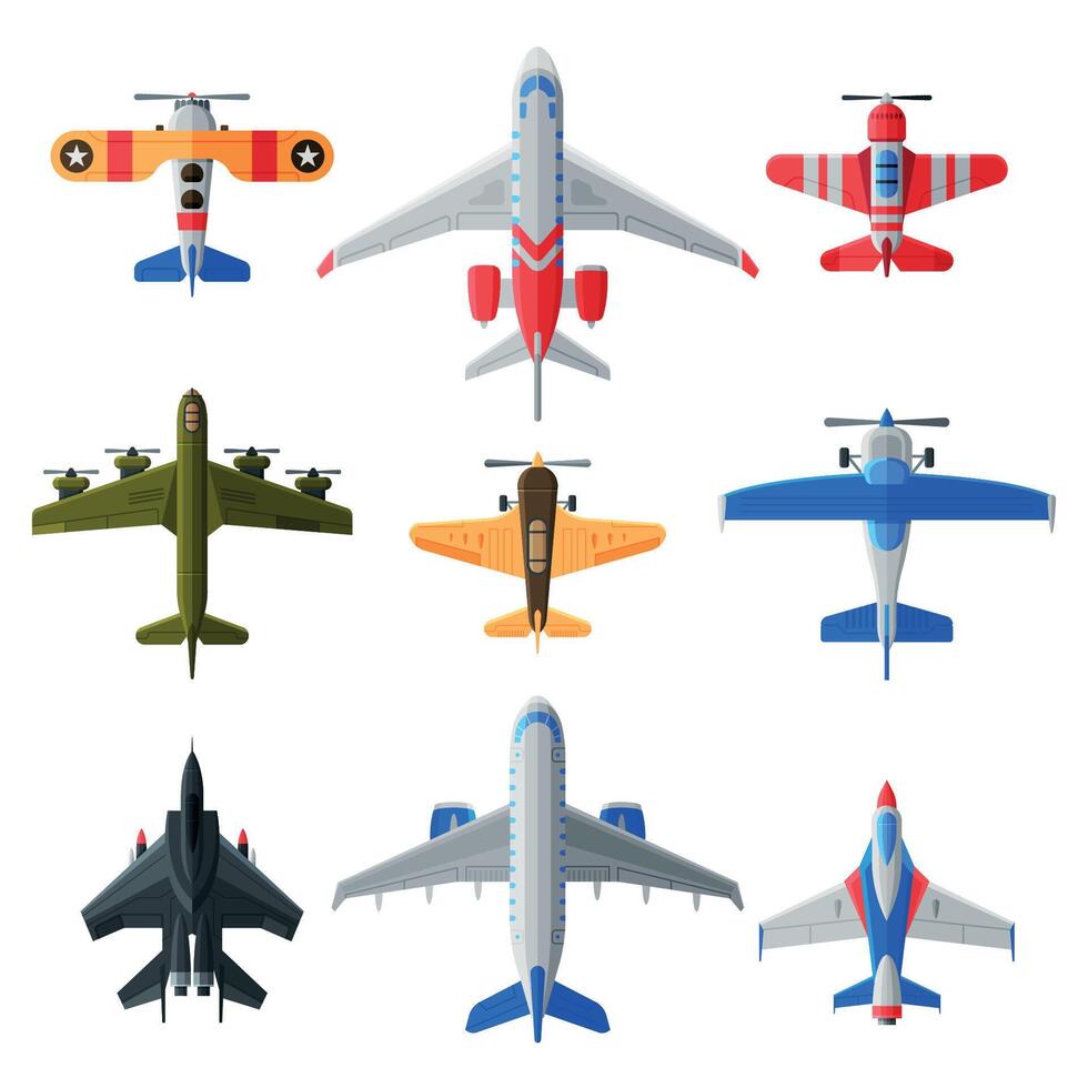 Flying Aircrafts Collection, Various Civil and Military Airplanes, View from Above, Air Transport Illustration vector