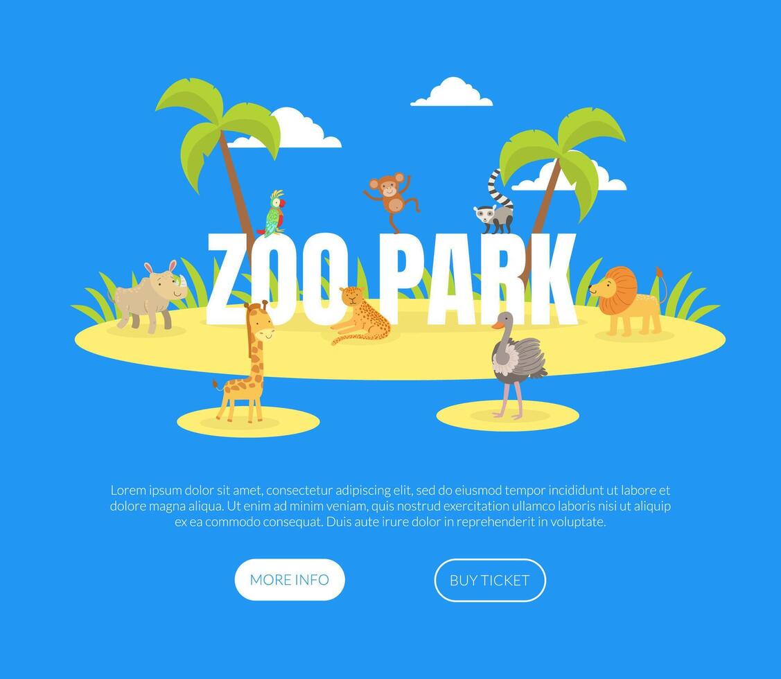 Zoo Park Landing Page Template, Island with Cute Jungle Animals illustration vector