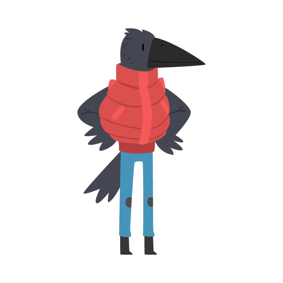 Black Raven Wearing Warm Winter Clothes, Humanized Forest Bird Cartoon Character illustration vector