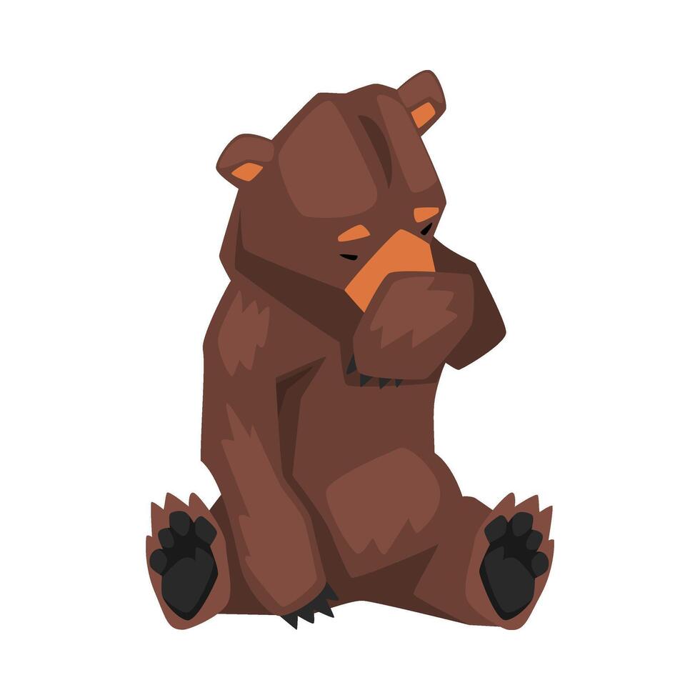 Cute Brown Grizzly Bear Sitting and Covering Muzzle with Its Paw, Wild Forest Animal Character Cartoon illustration vector