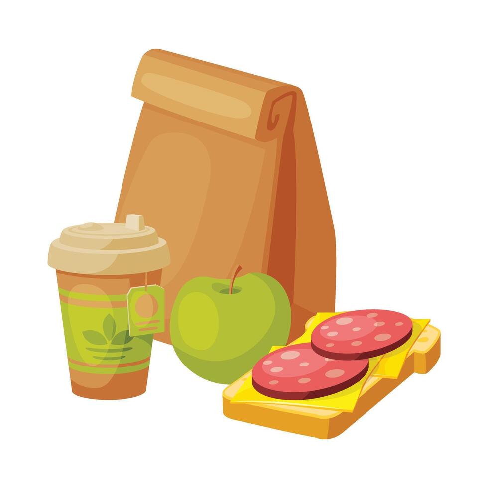 Paper Bag Package with Healthy Breakfast, Cardboard Cup of Tea, Apple, Sandwich with Sausage and Cheese Illustration vector