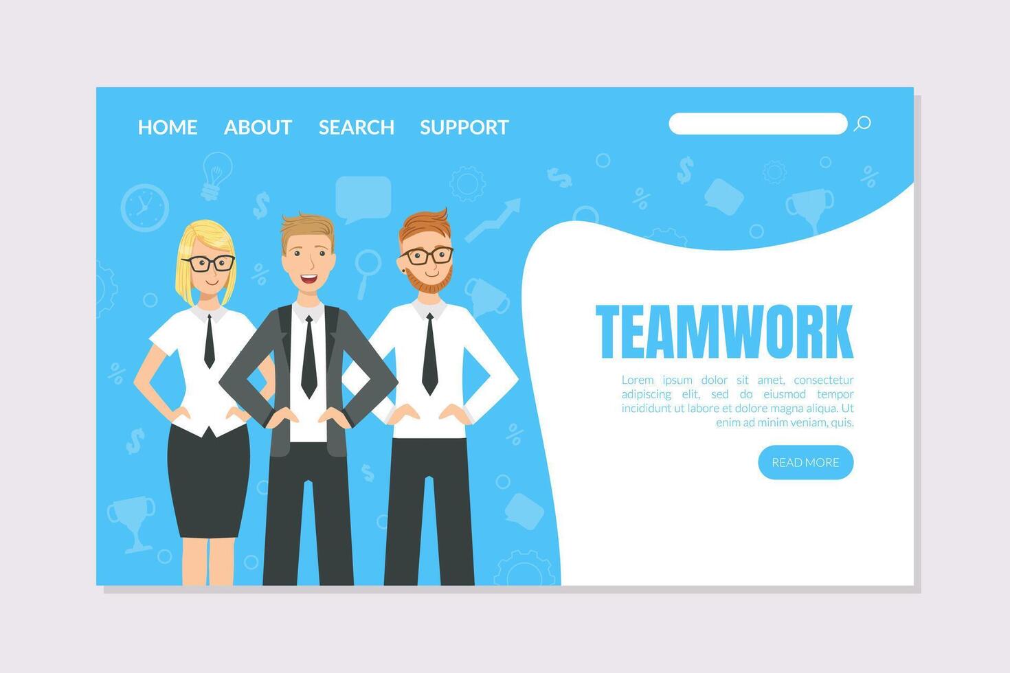 Teamwork Landing Page Template, Cheerful Business People Working to Increase Company Success illustration vector