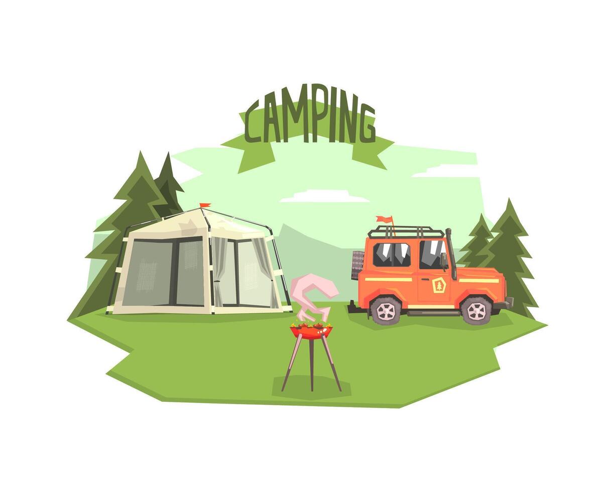 Camping Banner Template, Car, Tent and Barbecue Grill Against Mountain Landscape illustration vector