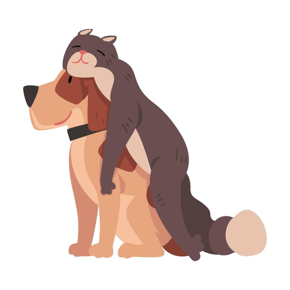 Funny Cat Lying on the Dogs Back, Happy Pets Animals Characters are Best Friends illustration vector