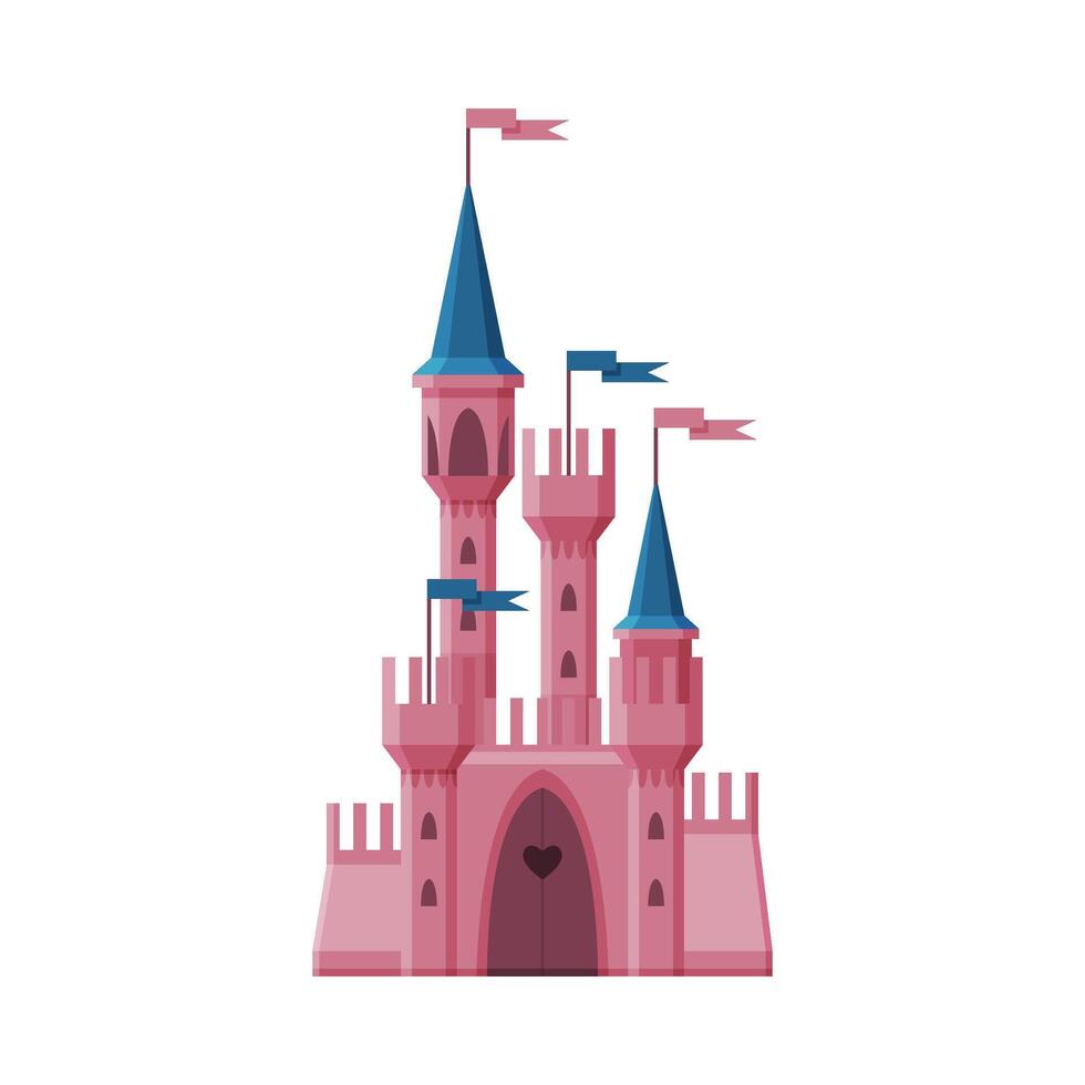 Pink Medieval Fairytale Castle, Fortress with Towers, Ancient Fortified Palace Exterior Illustration vector