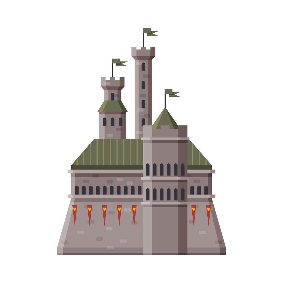 Medieval Stone Fortress with Flags, Ancient Fortified Palace Exterior Illustration vector