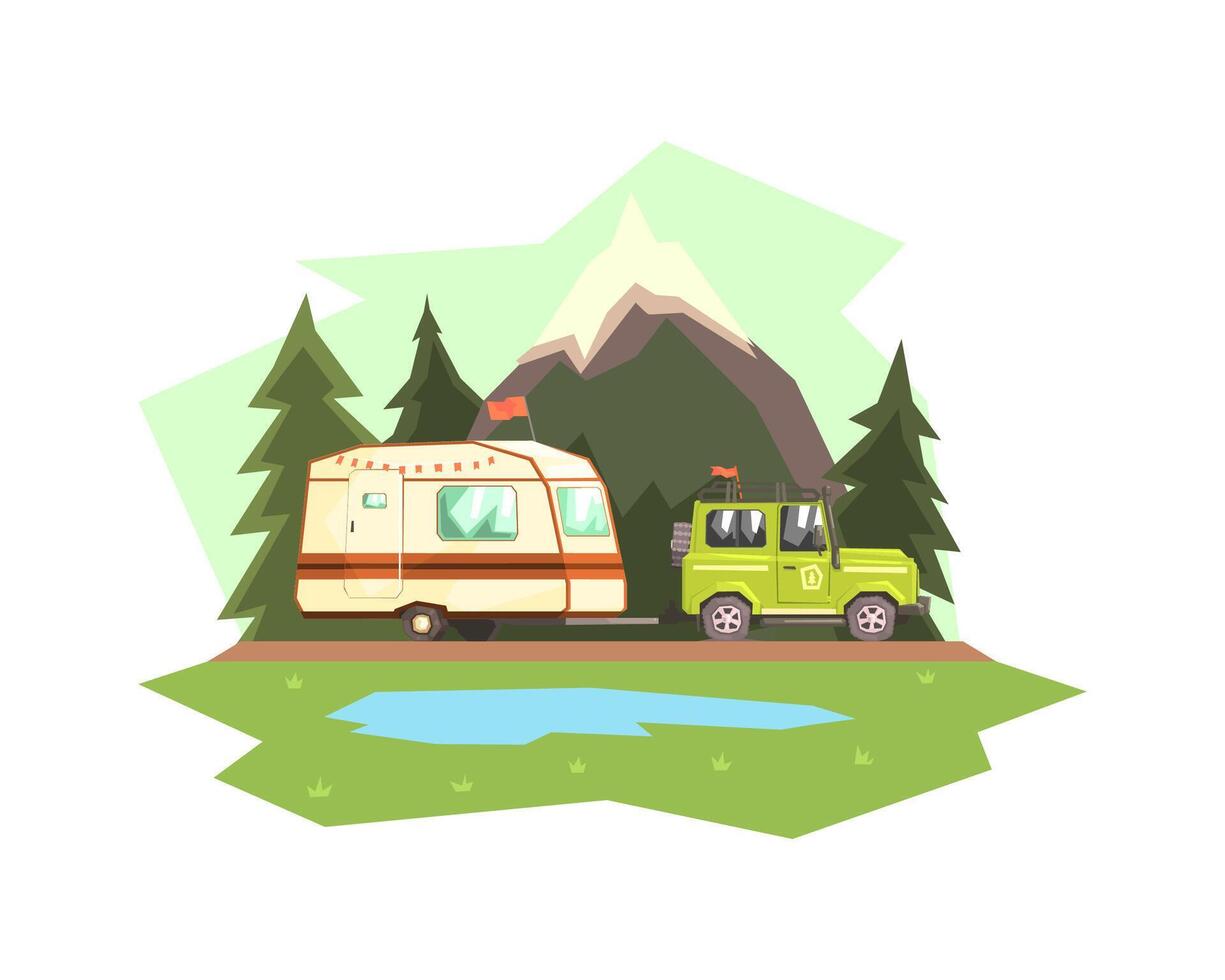 Car Towing Caravan Trailer Against Mountain Landscape illustration vector