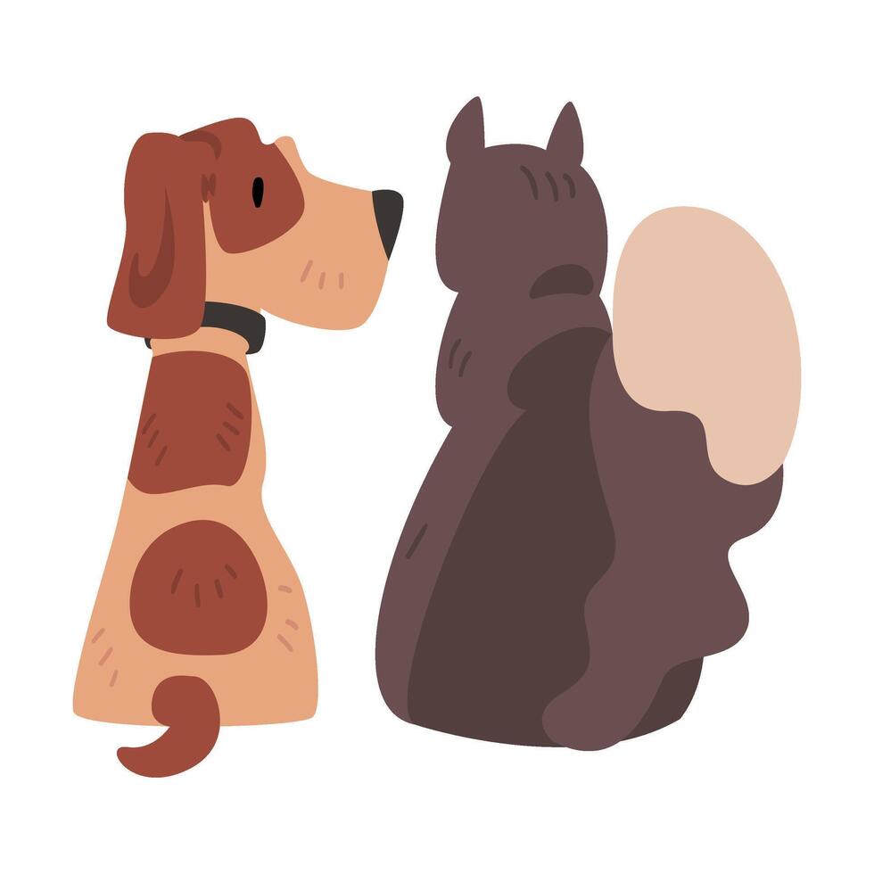 Funny Cat and Dog Sitting Together, Back View, Happy Pets Animals Characters are Best Friends illustration vector