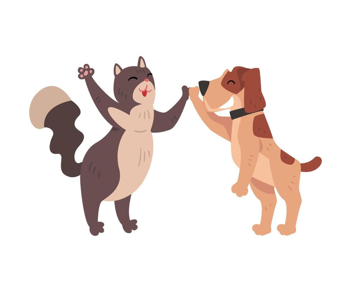Funny Cat and Dog Together Giving High Five to Each Other, Happy Pets Animals Characters are Best Friends illustration vector
