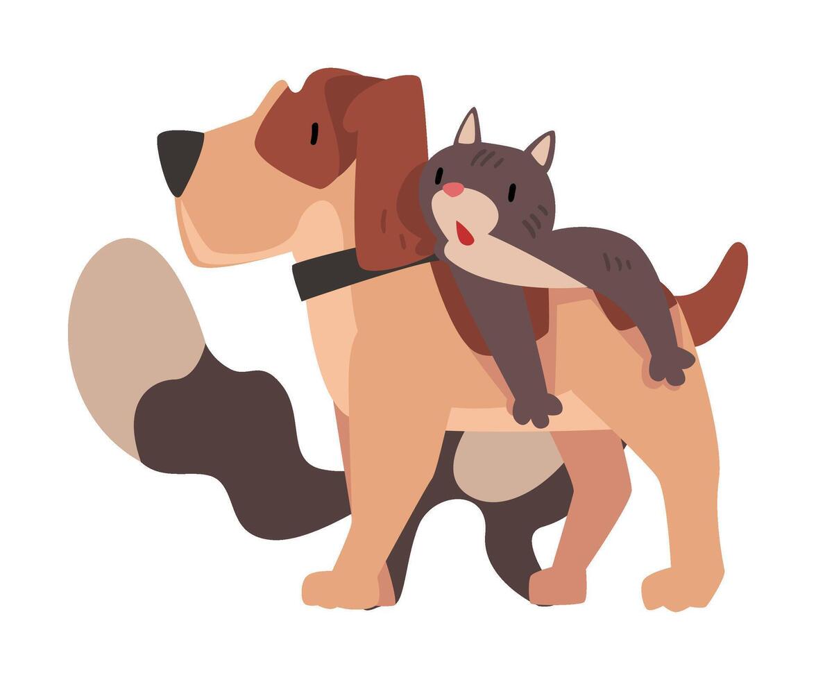 Funny Cat Lying on the Dog, Happy Pets Animals Characters are Best Friends illustration vector