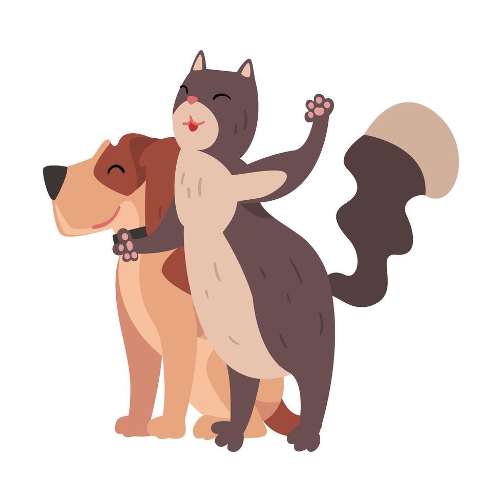Funny Cat and Dog Hugging, Happy Pets Animals Characters are Best Friends illustration vector