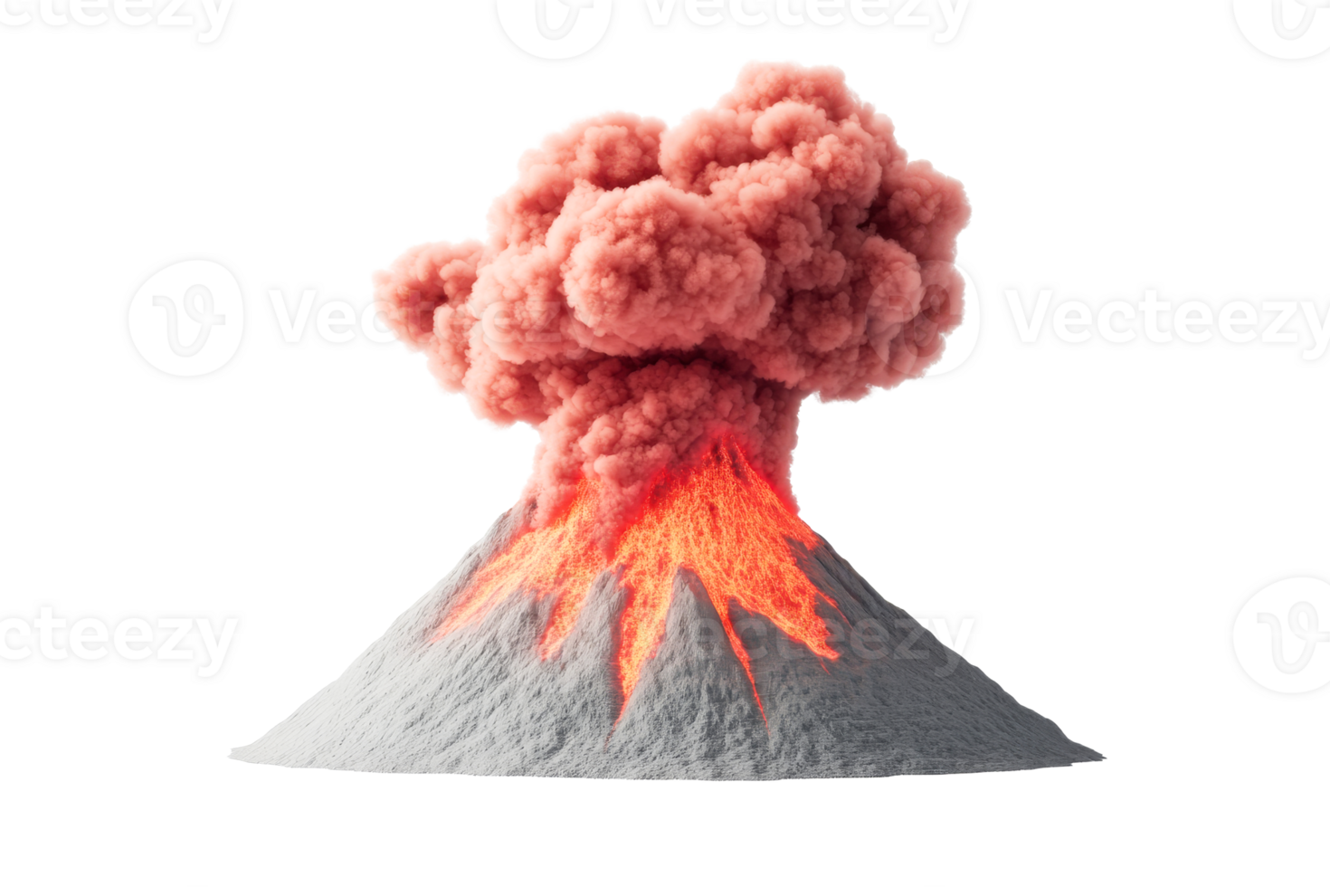 Erupting volcano with lava flow and vibrant ash cloud at dusk png