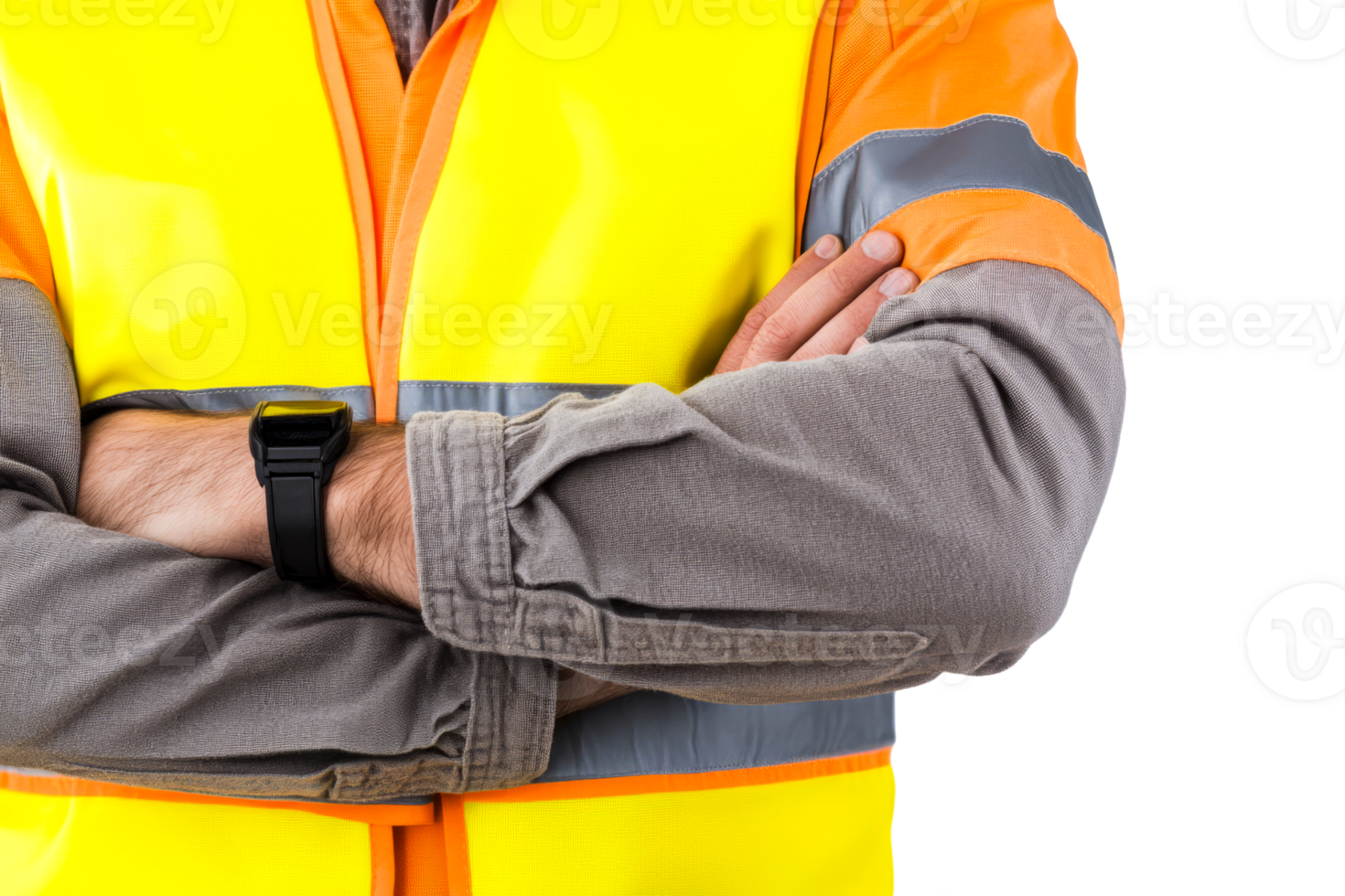 Worker in safety vest with crossed arms, transparent bg png