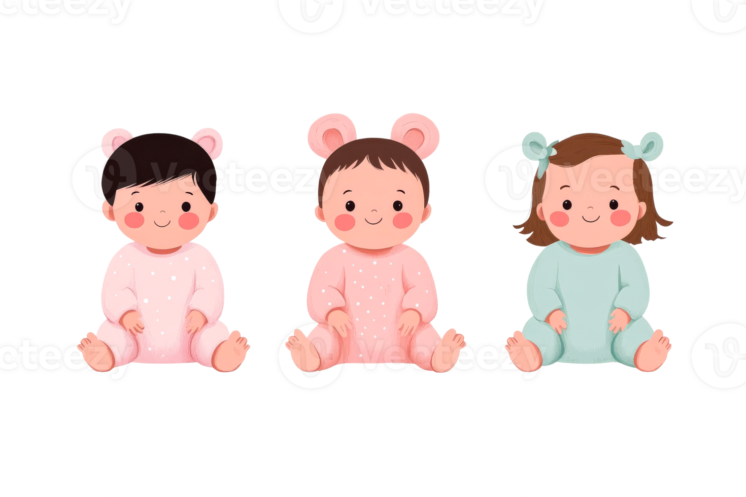 Cute baby characters in colorful outfits with playful expressions png